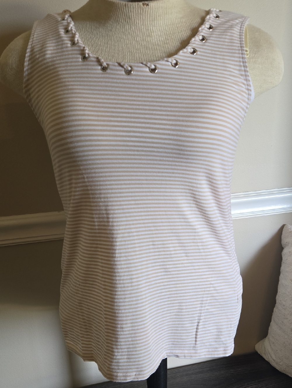 Premise Cream and White Striped Eyelet-Trim Tank